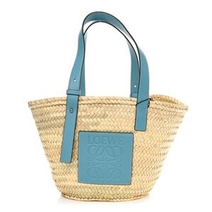 LOEWE - Basket Bag in Palm Leaf and Leather Handles - Natural/Light Blue
